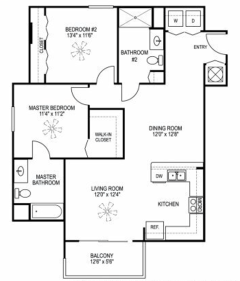 Floor plan for 2 beds, 2 baths, 1000 sqft